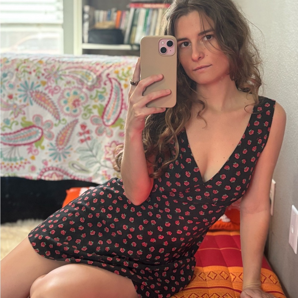 Realisation Par Black Mini Dress with Red Floral Design